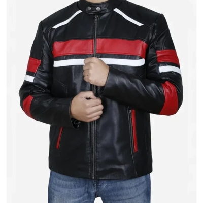 Men’s Biker Leather Jacket With Red and White Stripes Profile Picture