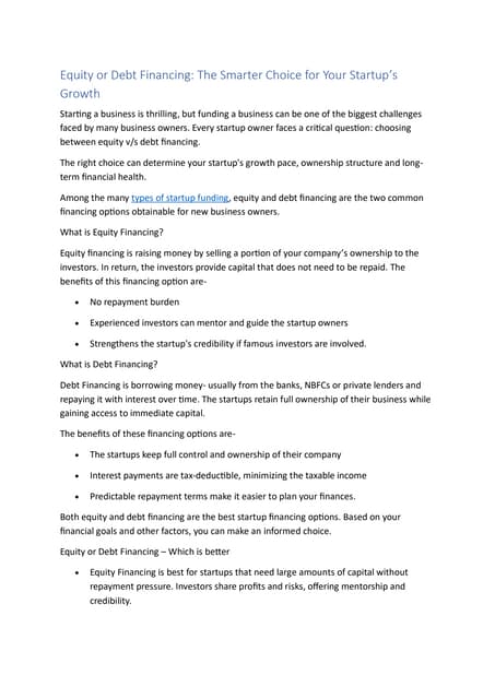 Equity or Debt Financing - The Smarter Choice for Your Startup’s Growth | PDF