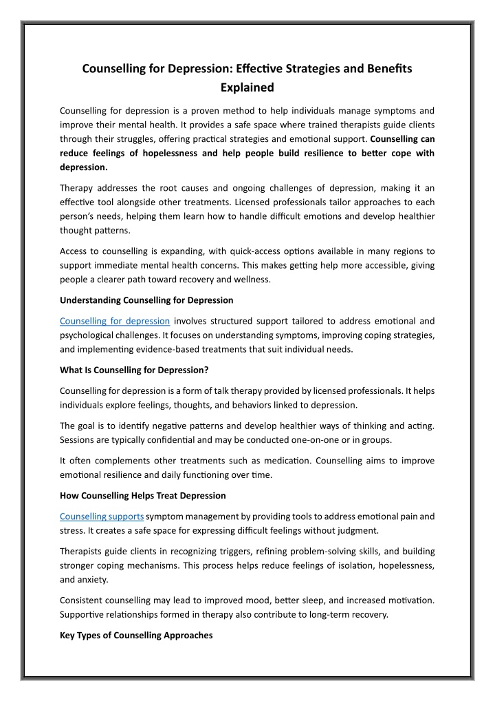 Counselling for Depression Effective Strategies and Benefits Explained